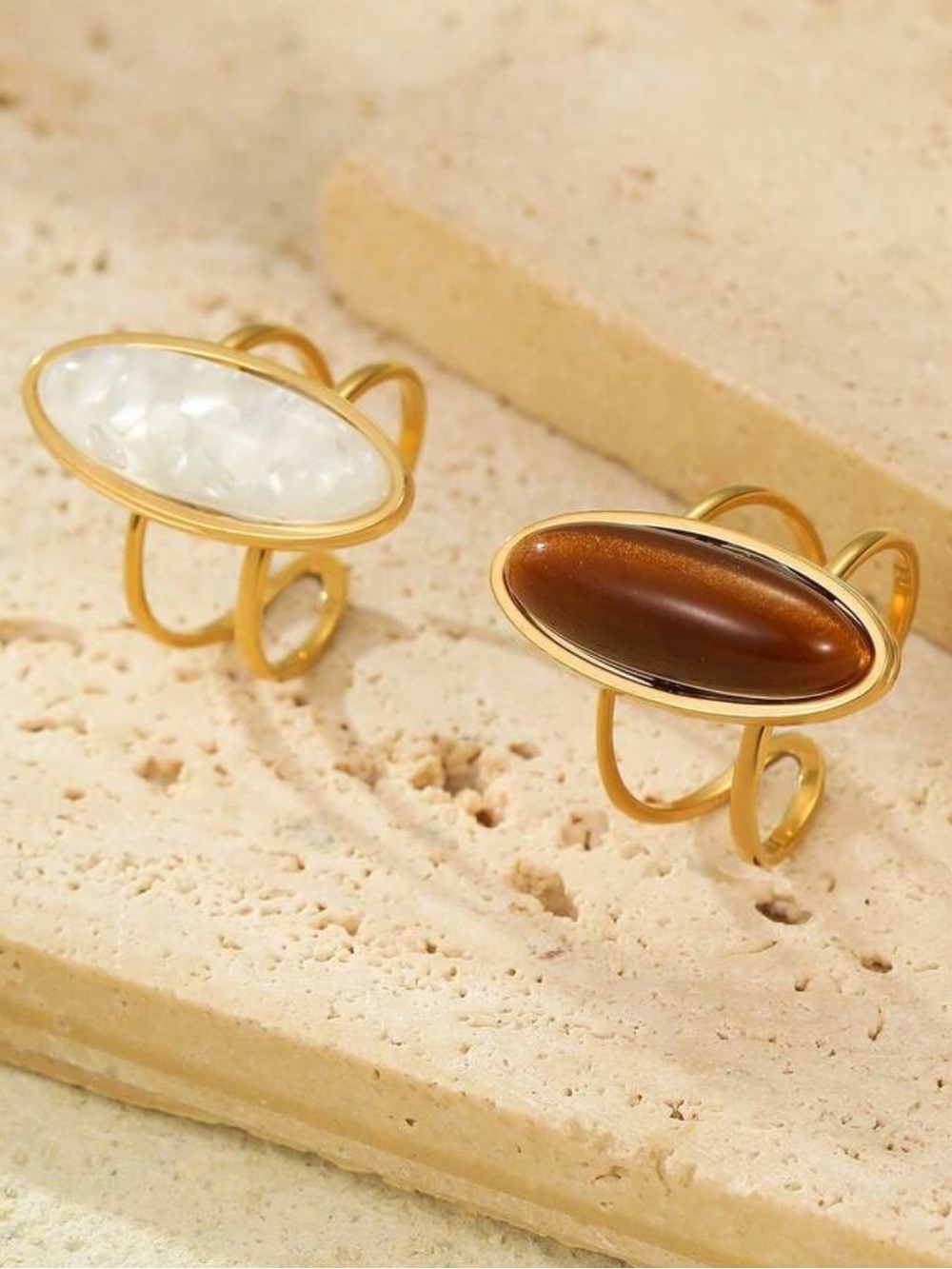 Gold Oval Stone Cocktail Ring - Brown and White Options